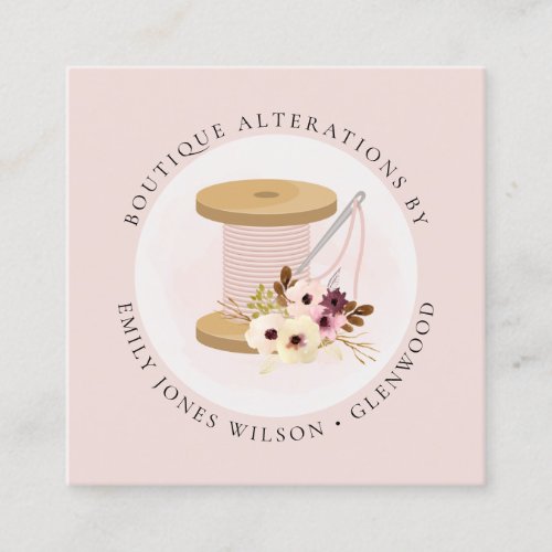 Elegant Blush Spool Needle Watercolor Flora Tailor Square Business Card