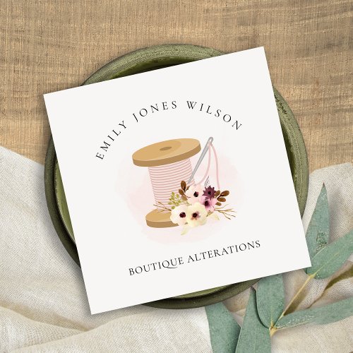 Elegant Blush Spool Needle Watercolor Flora Tailor Square Business Card