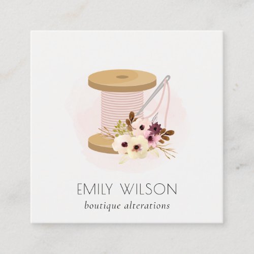 Elegant Blush Spool Needle Watercolor Flora Tailor Square Business Card