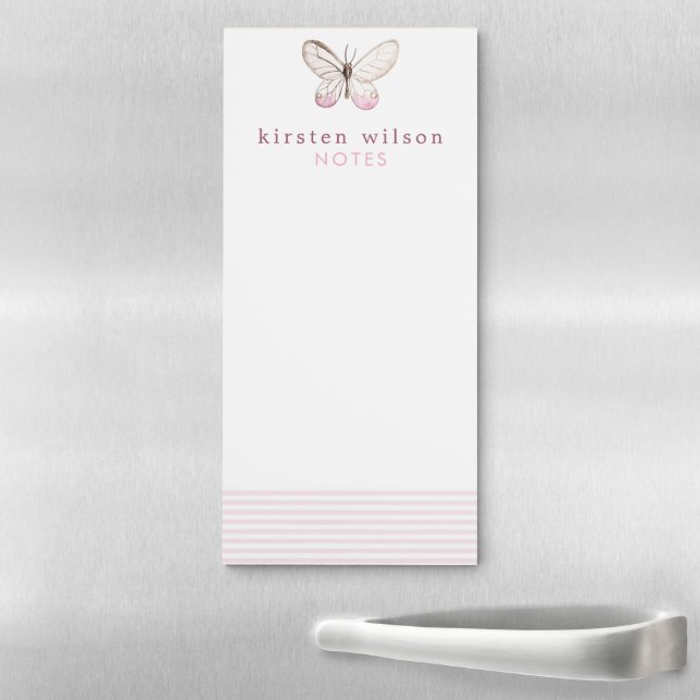 Elegant Blush Stripes & Butterfly - Personalized Magnetic Notepad (In Situ)