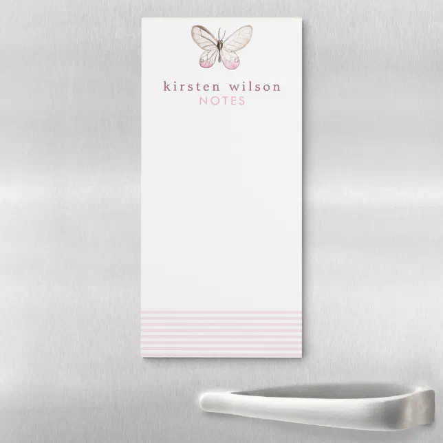 Elegant Blush Stripes & Butterfly - Personalized Magnetic Notepad | Zazzle