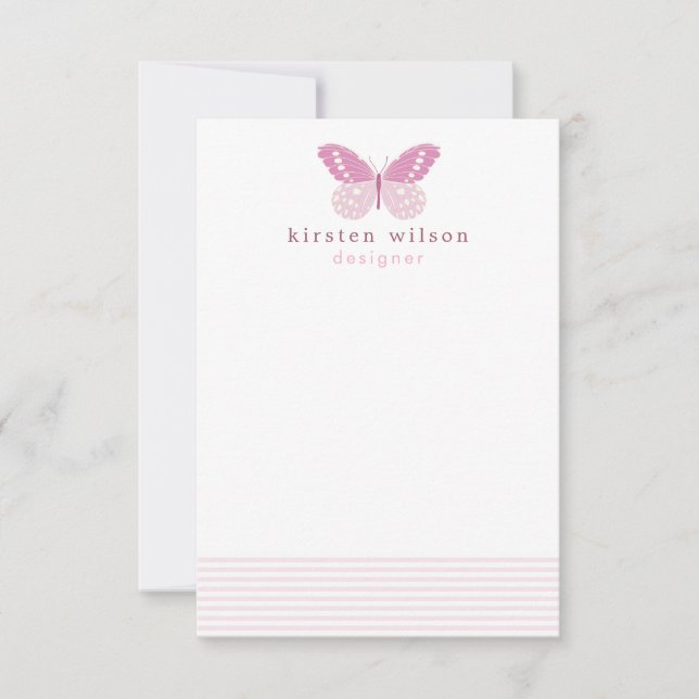 Elegant Blush Stripes & Butterfly - Personalized Note Card (Front)