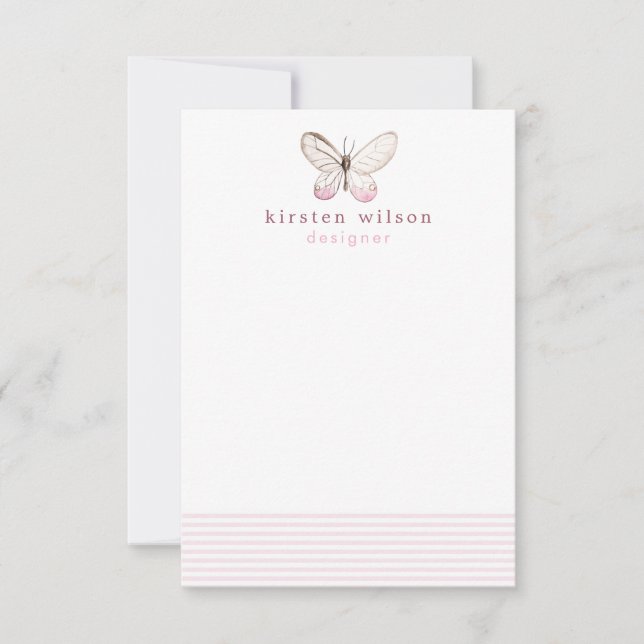 Elegant Blush Stripes & Butterfly - Personalized Note Card (Front)