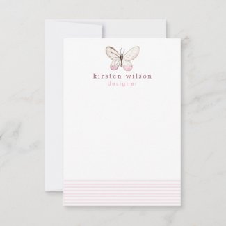 Elegant Blush Stripes & Butterfly - Personalized Note Card