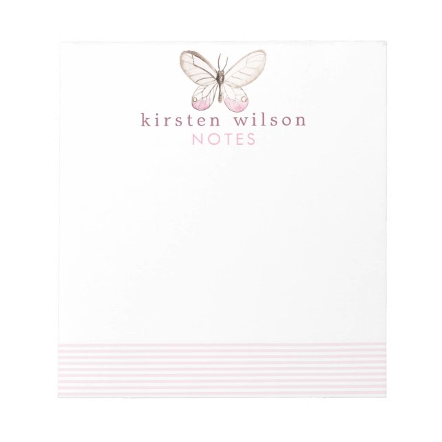 Elegant Blush Stripes & Butterfly - Personalized Notepad (Front)