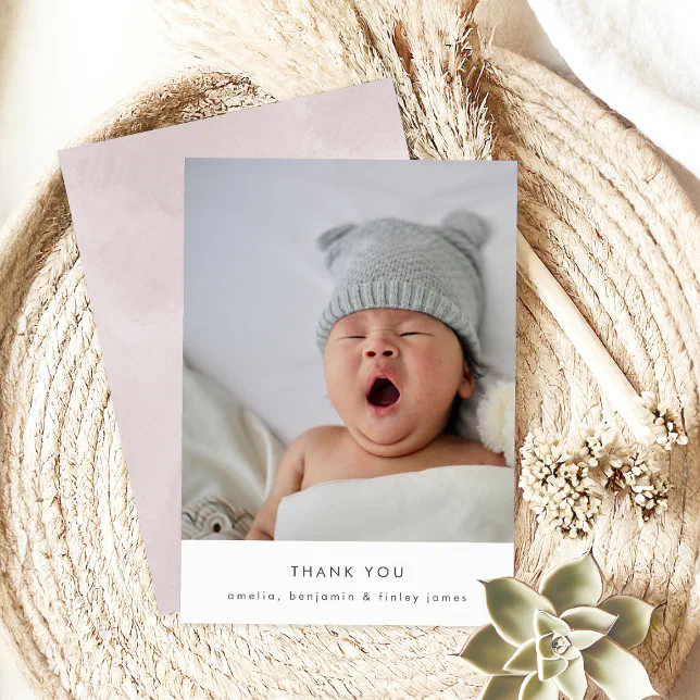Elegant Blush Texture Minimal Simple Baby Photo Thank You Card | Zazzle