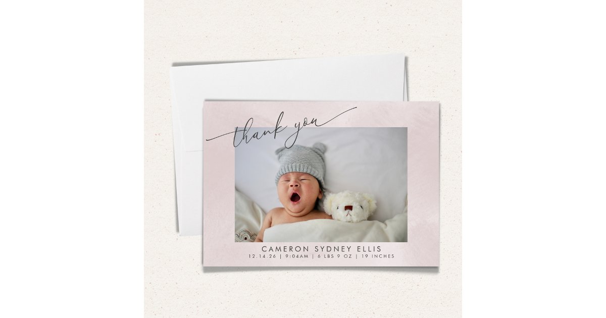 Elegant Blush Texture Script Baby Birth Two Photo Thank You Card | Zazzle