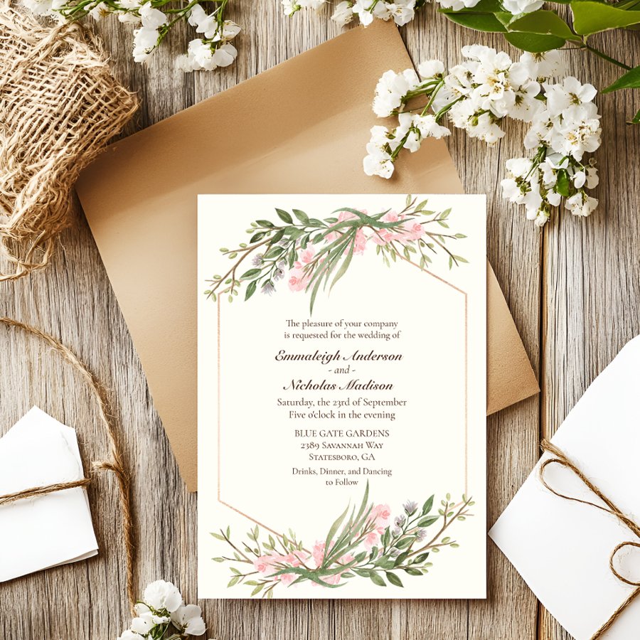 Elegant Blush Watercolor Botanical Wedding Script Invitation