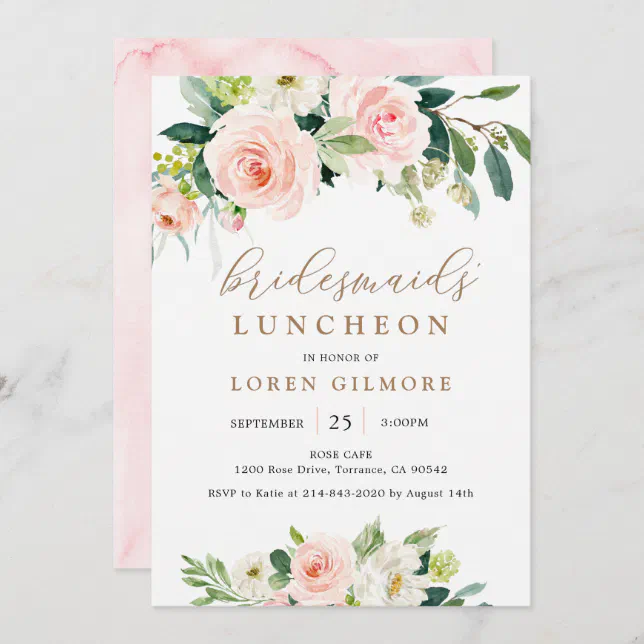 Elegant Blush Watercolor Bridesmaids' Luncheon Inv Invitation | Zazzle