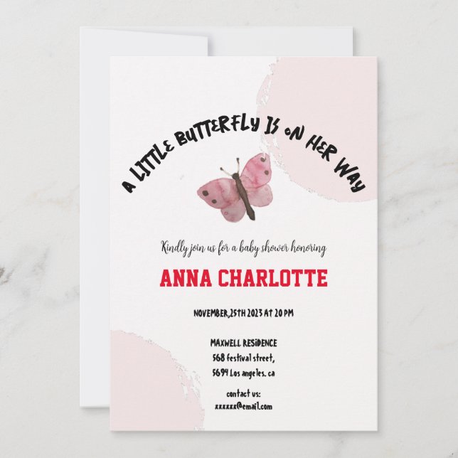 Elegant Blush Watercolor Butterfly Baby Shower Invitation (Front)