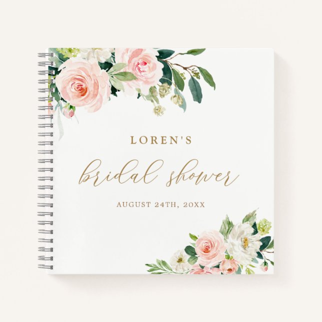 Elegant Blush Watercolor Floral Bridal Shower Gues Notebook (Front)