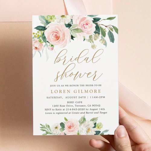 Elegant Blush Watercolor Floral Bridal Shower Invitation
