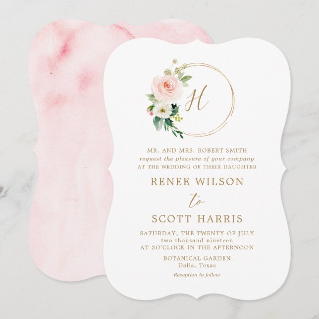 Elegant Blush Watercolor Floral Monogram Wedding Invitation (Front/Back)
