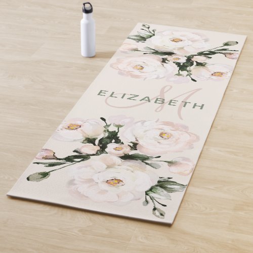 Elegant Blush Watercolor Floral Monogram Yoga Mat