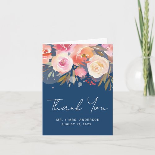 Elegant Blush Watercolor Floral on Blue Wedding Thank You Card