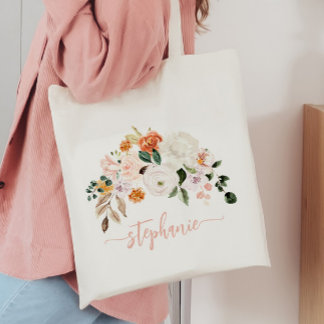 Elegant Blush Watercolor Floral Personalized Name Tote Bag