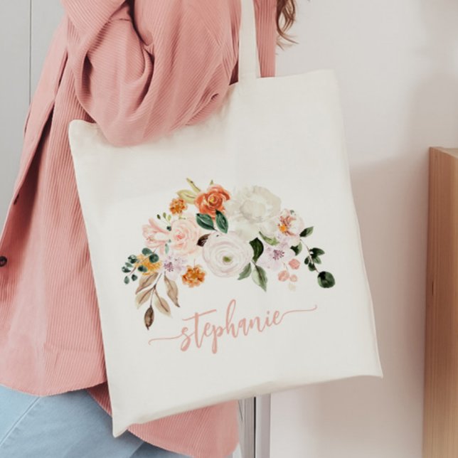 Elegant Blush Watercolor Floral Personalized Name Tote Bag (Creator Uploaded)