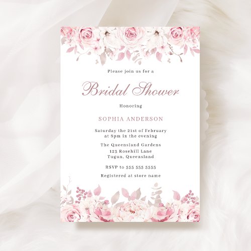 Elegant Blush Watercolor Floral Rose Bridal Shower Invitation