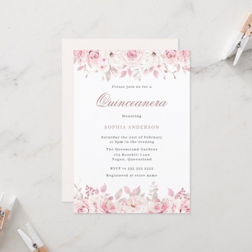 Elegant Blush Watercolor Floral Roses Quinceanera Invitation