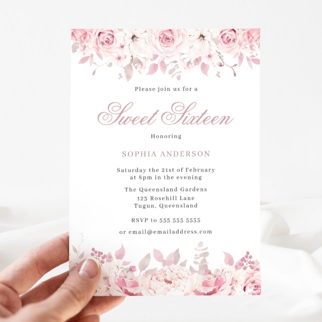 Elegant Blush Watercolor Floral Roses Sweet 16 Invitation