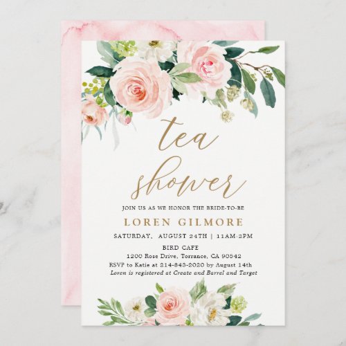 Elegant Blush Watercolor Floral Tea Shower Invitation