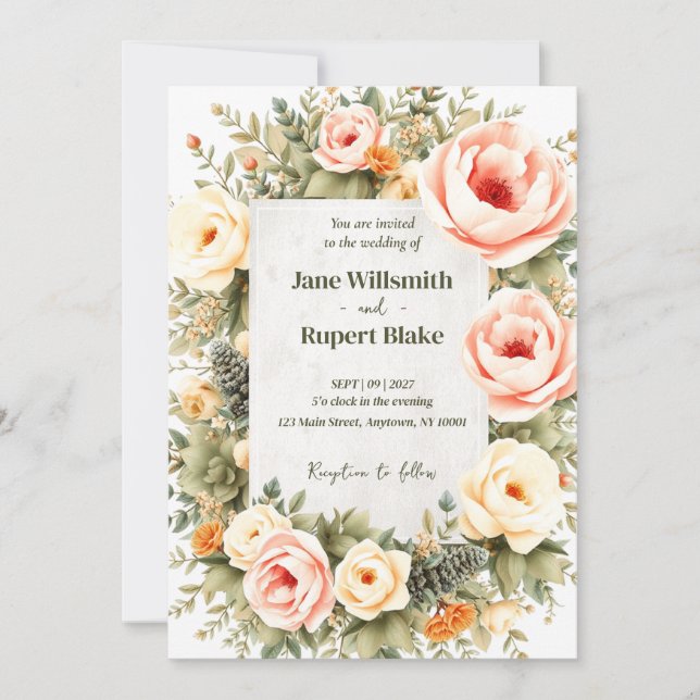 Elegant Blush Watercolor Floral Wedding Invitation (Front)