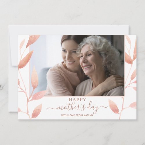 Elegant Blush Watercolor Leaves Mothers Day Photo Holiday Card
