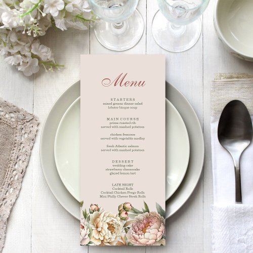 Elegant Blush Watercolor Peonies Menu Card