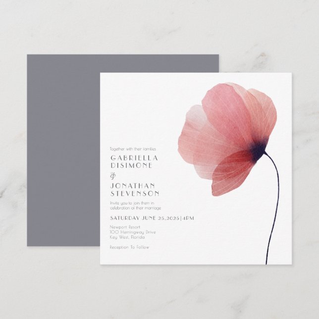 Elegant  Blush Watercolor Poppy Gray Wedding Invitation (Front/Back)