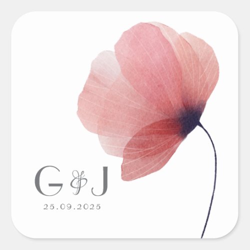 Elegant Blush Watercolor Poppy Monogram Square Sticker