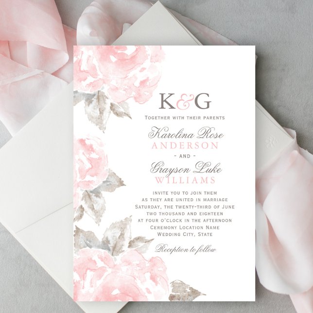 Elegant Blush Watercolor Rose Monogram Wedding Invitation (Creator Uploaded)