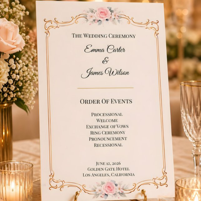 Elegant Blush Wedding Ceremony Program (Rococo themed wedding order of events card)