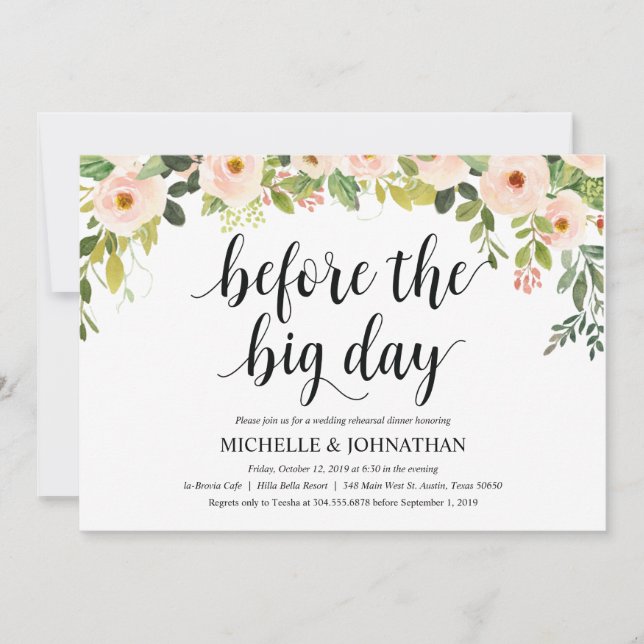 Elegant Blush Wedding Rehearsal Dinner Invites (Front)