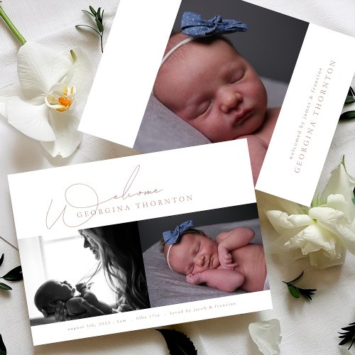 elegant blush welcome photo collage baby birth announcement