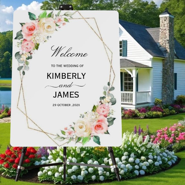 Elegant Blush White Bloom Gold Frame Wedding Foam Board (Creator Uploaded)