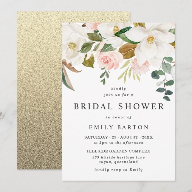 Elegant Blush & White Floral Bridal Shower Invitation (Front/Back)