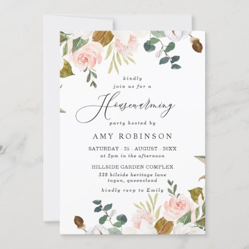 Elegant Blush  White Floral Housewarming Party Invitation