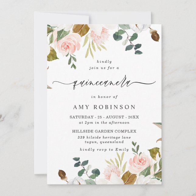 Elegant Blush & White Floral Spring Quinceanera Invitation (Front)