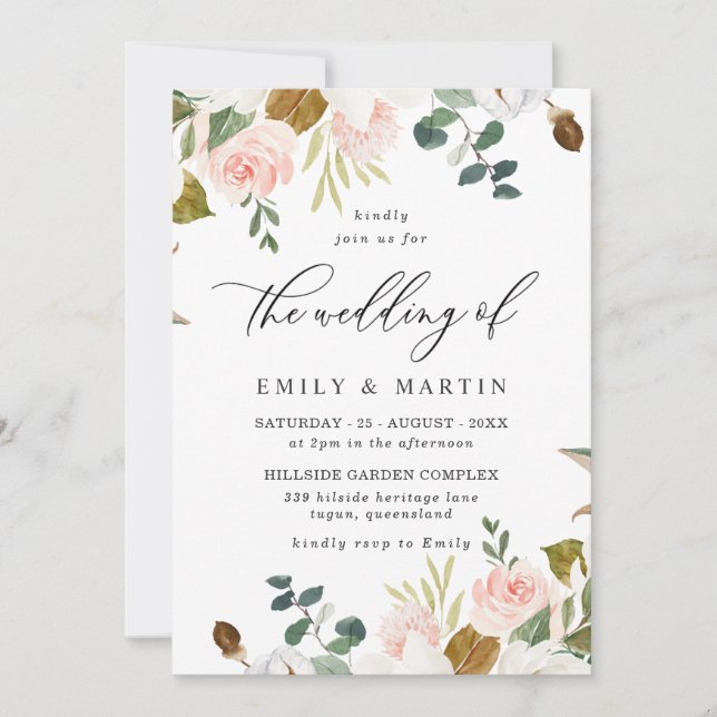 Elegant Blush & White Floral Spring Wedding Invitation (Front)
