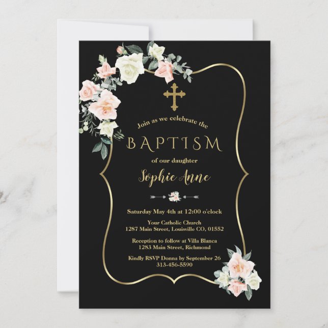 Elegant Blush White Flowers Gold Black Baptism Invitation (Front)