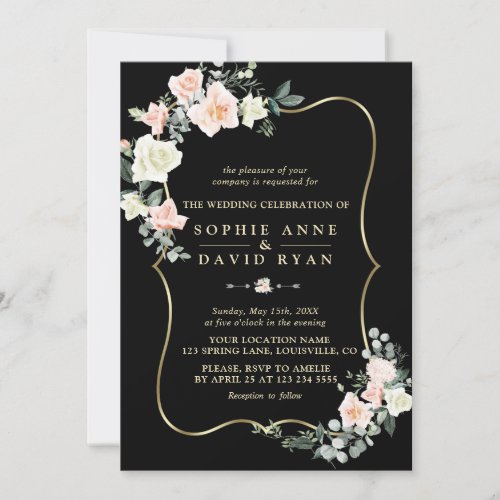 Elegant Blush White Flowers Gold Black Wedding Invitation