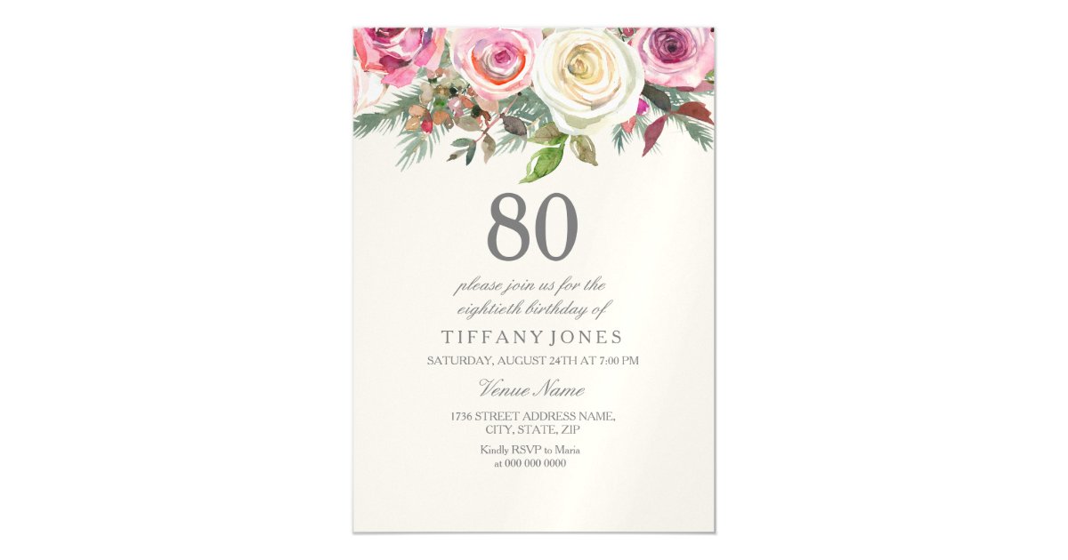 Elegant Blush White Roses 80th Birthday Party Magnetic Invitation Zazzle Com