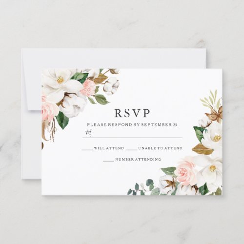 Elegant Blush  White Watercolor Flowers Wedding RSVP Card