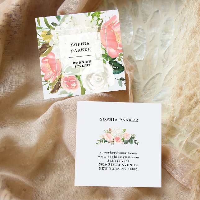 Elegant Blushing Pink Floral with Faux Gold Square Business Card (Creator Uploaded)