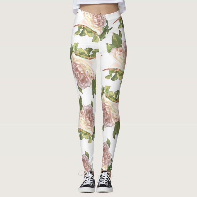 Elegant blushing pink white florals roses leggings (Front)