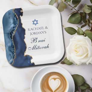 Elegant B'nai Mitzvah Navy Blue Gold Agate Party Paper Plates