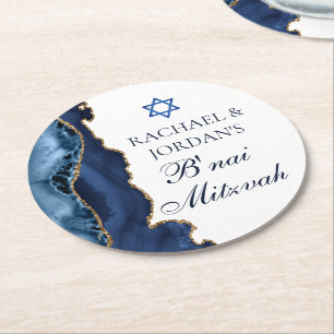 Elegant B'nai Mitzvah Navy Blue Gold Agate Party Round Paper Coaster