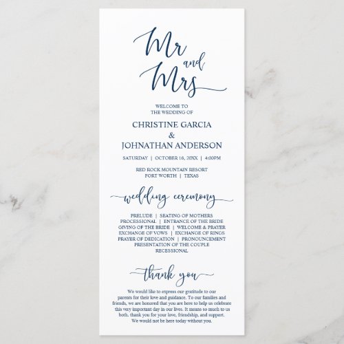 Elegant BNavy Blue Mr and Mrs Wedding Ceremony Program