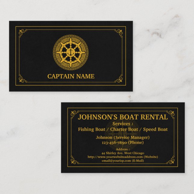 Elegant Boat Rental Black Gold (Personalize) Business Card (Front/Back)