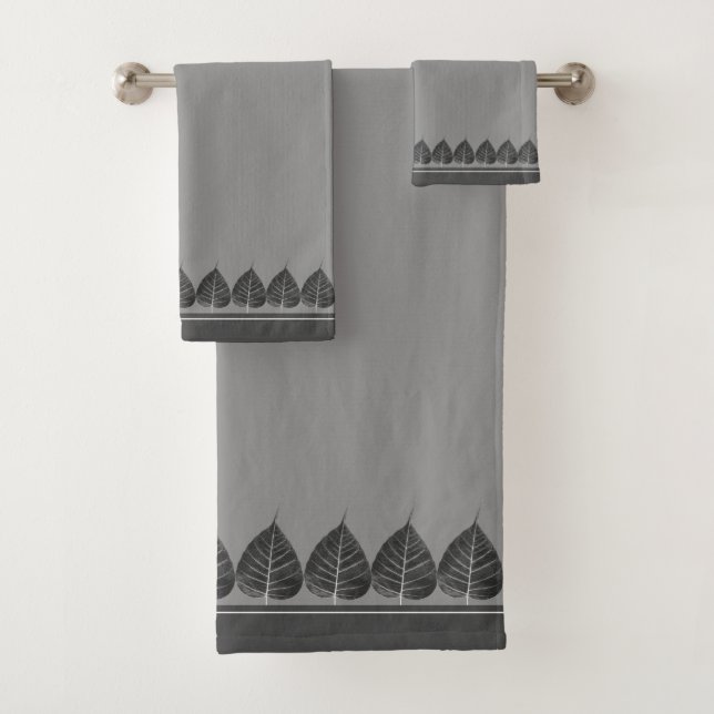 Elegant Bodhi Leaves on Gray Shades Bath Towel Set (Insitu)
